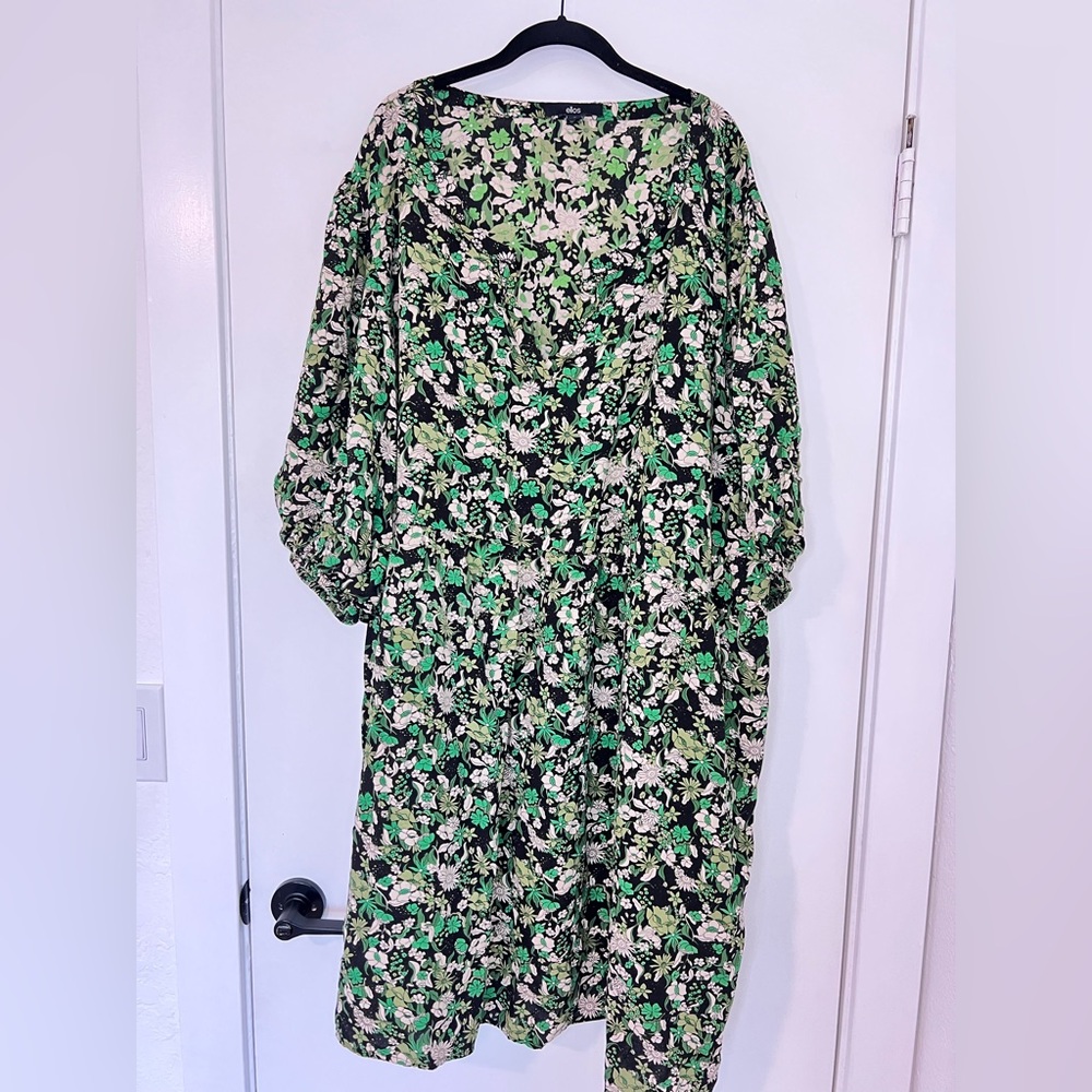 ellos Black and Green Floral Long Sleeve Dress